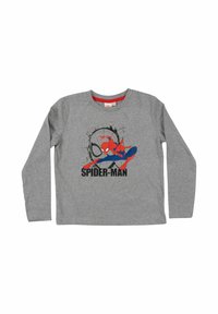 T-shirt a maniche lunghe grigia con grafica di Spider-Man rossa e blu, design a ragnatela nera e testo "SPIDER-MAN" in basso.