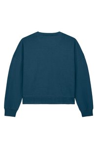 Blauwe cropped sweatshirt met lange mouwen, een ronde halslijn en ribgebreide manchetten en onderrand. Materiaal lijkt zacht met een gladde textuur.