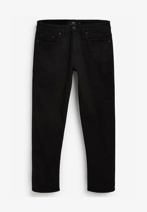 Jeans in denim nero con design a gamba dritta, dotati di cinque tasche, chiusura frontale con bottone e dettagli di cucitura discreti.