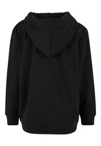 Svart hoodie med en mjuk textur, med en stor huva, ribbade ärmslut och en avslappnad passform. Bakvy utan fickor eller mönster.