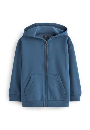 Sweat à capuche bleu zippé avec poches devant, poignets et ourlet côtelés, et capuche attachée, présenté sur fond blanc.