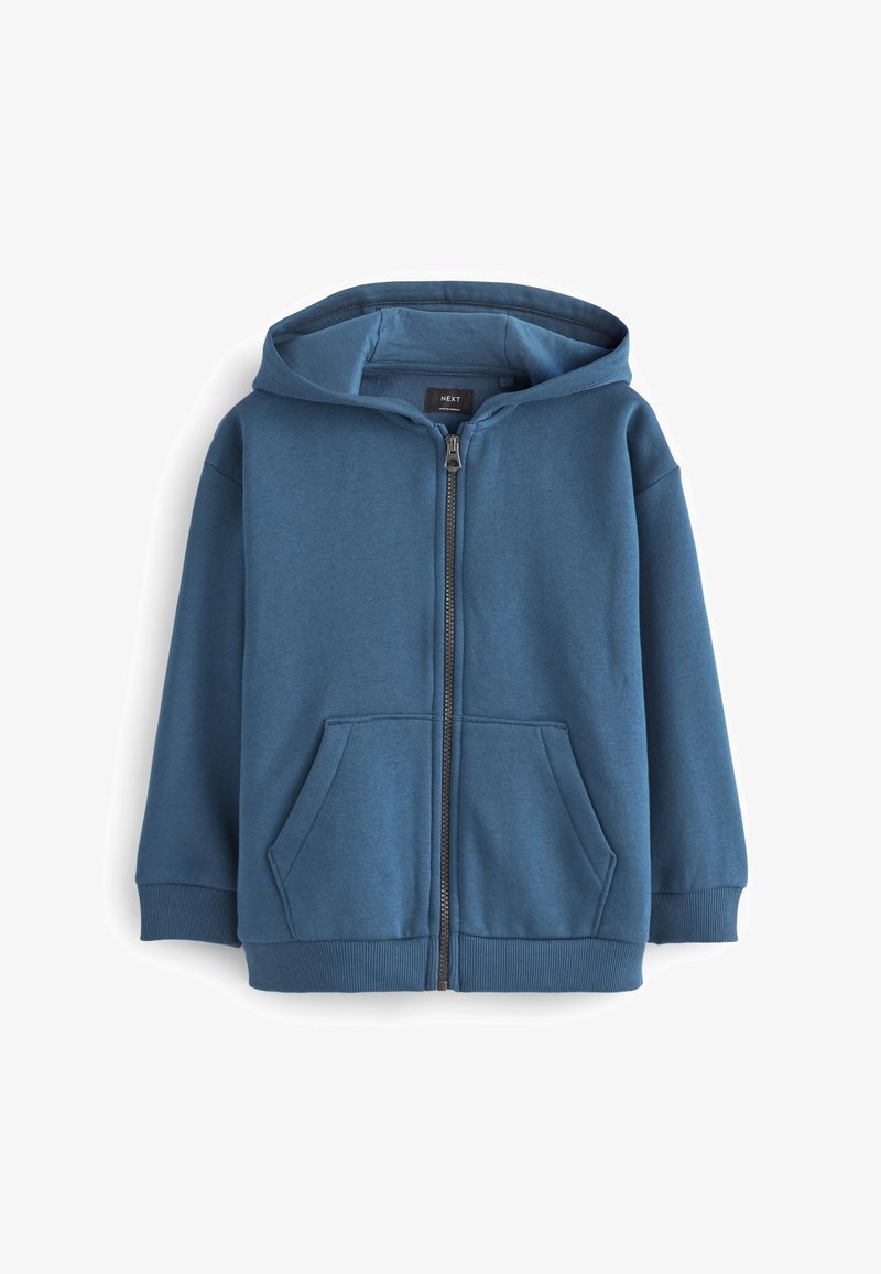 Sweat à capuche bleu zippé avec poches devant, poignets et ourlet côtelés, et capuche attachée, présenté sur fond blanc.