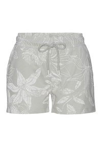 Světle šedé šortky s bílými květinovými vzory, elastický pas a přední stahovací šňůrka.