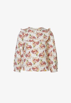 Blusa de manga larga en algodón ligero con un estampado floral en rojo, amarillo y verde; presenta un escote con volantes y puños elásticos.