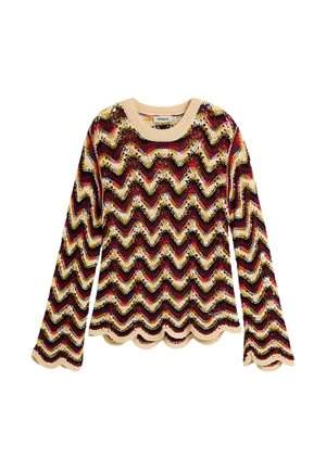 Megztinis ilgomis rankovėmis su smėlio, juodos, raudonos ir geltonos spalvų zigzago raštu bei banguotomis kraštinėmis rankogaliuose ir apačioje.