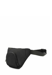 Czarna saszetka na pas, wykonana z miękkiego materiału, z główną komorą zapinaną na zamek oraz przednią kieszonką na zamek. Regulowany pasek zapewniający bezpieczne dopasowanie.