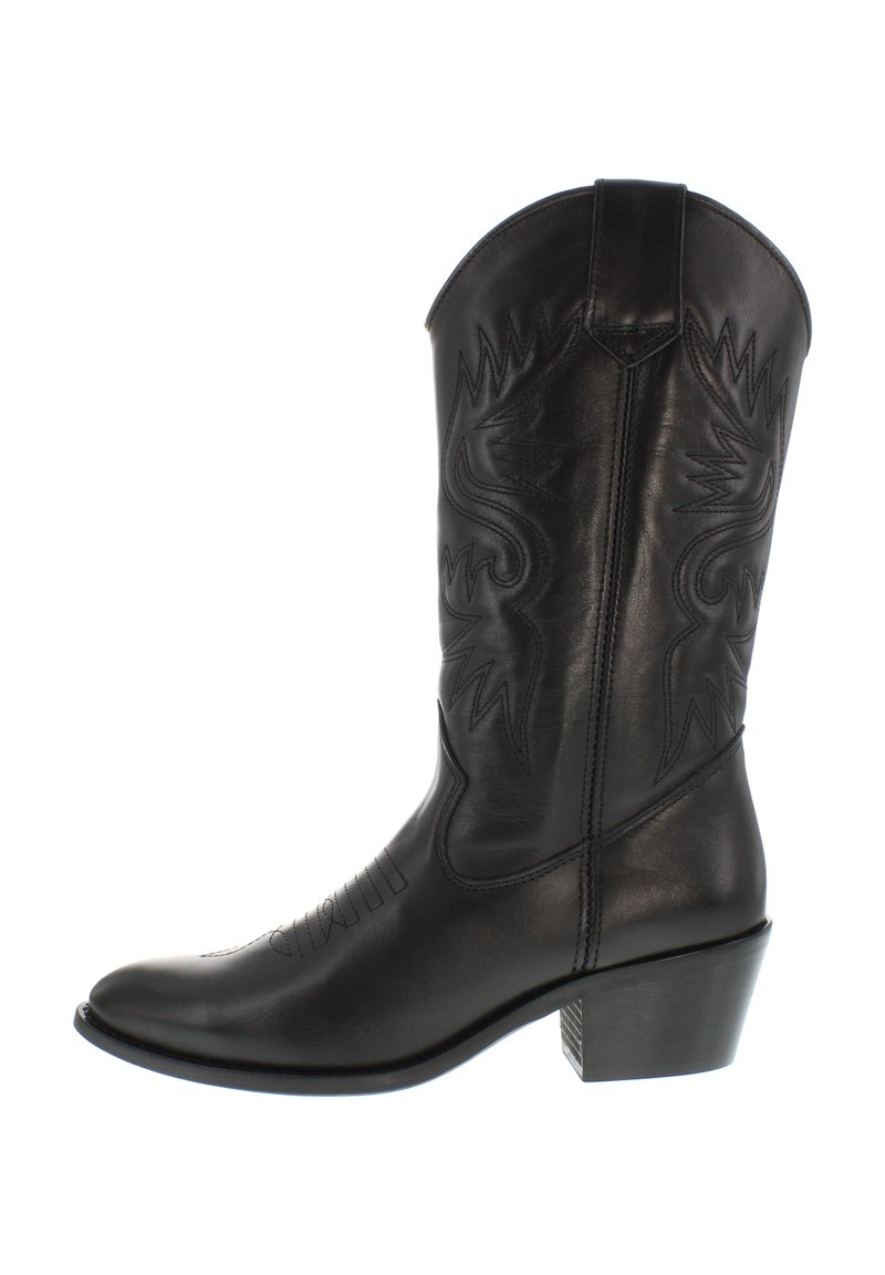 Black leather cowboy boot with pointed toe and detailed stitching patterns on the shaft, featuring a stacked heel for support.