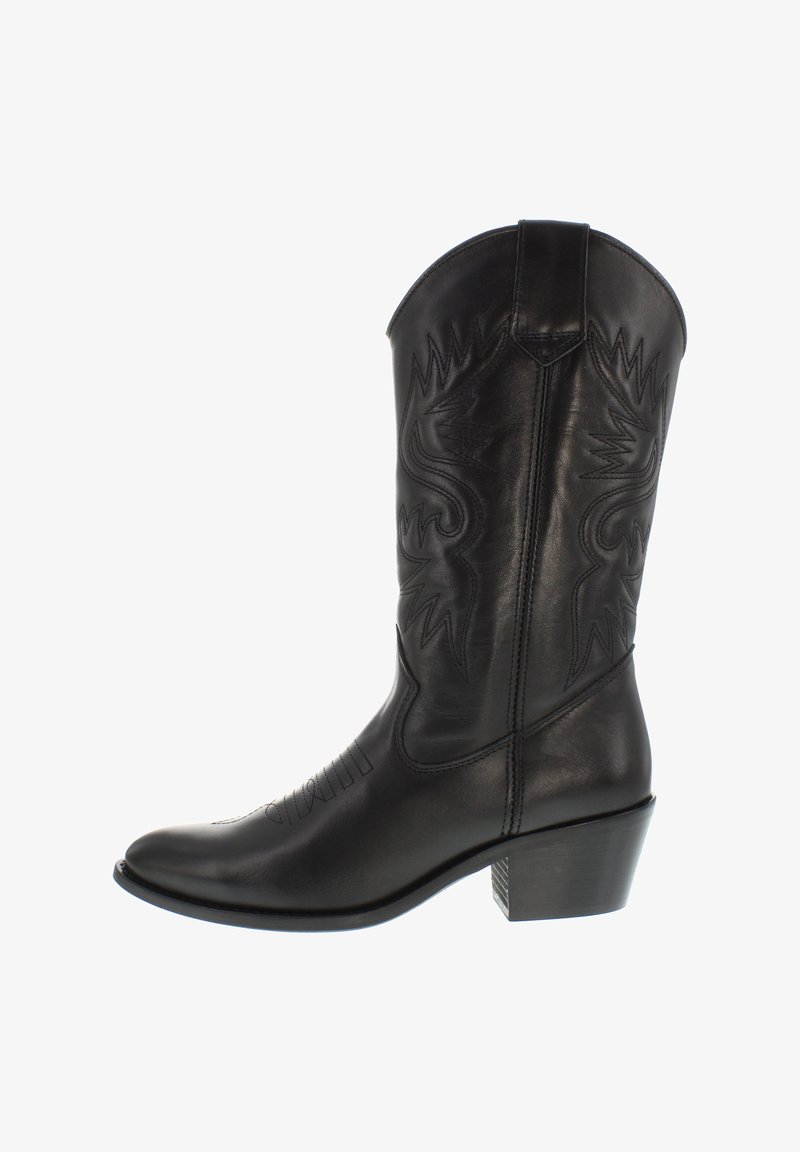 Black leather cowboy boot with pointed toe and detailed stitching patterns on the shaft, featuring a stacked heel for support.