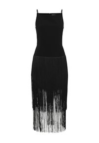 Robe noire cintrée sans manches avec bretelles spaghetti et longs franges du milieu de la cuisse jusqu'à l'ourlet.