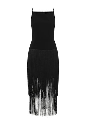 Crna uska haljina bez rukava s tankim naramenicama i dugim resicama od sredine bedara do ruba.