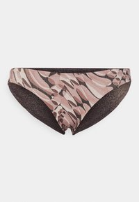 Parte de baixo de bikini estampada em tons de rosa e preto com uma textura brilhante. Apresenta um corte baixo e tecido suave. A borda tem uma faixa sólida escura.