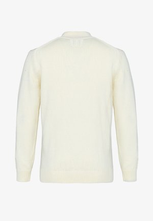 Krémově barevný pletený svetr zobrazený zezadu s dlouhými rukávy, žebrovanými manžetami a malou nášivkou pod límcem.