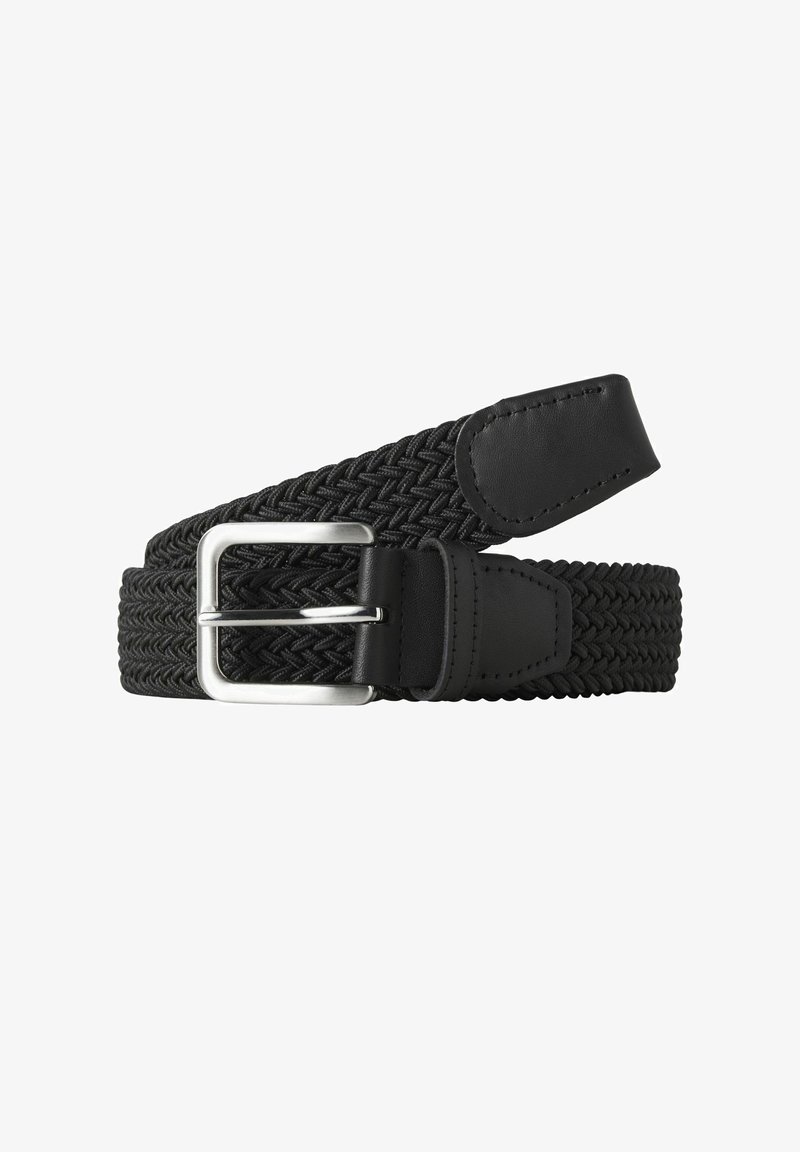 Juodas pintas tekstilinis diržas su sidabro spalvos metaline sagtimi ir juodos odos detalėmis gale, demonstruojantis tekstūruotą raštą.