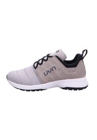 Light gray athletic shoe made of mesh and suede, featuring a black accent, a round toe, and a rubber sole with textured grip.