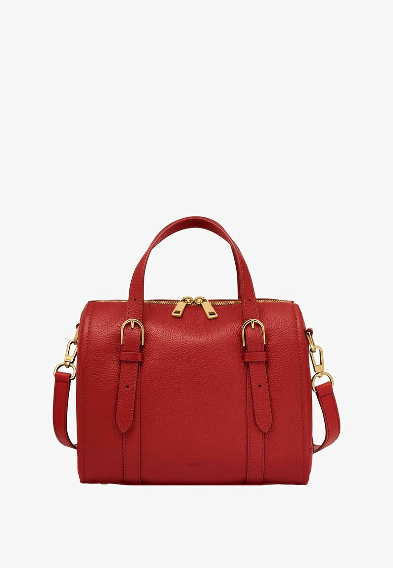 Sac à main en cuir rouge avec une forme structurée, accents en métal doré, deux poignées supérieures et une bandoulière amovible. Fermeture à glissière.