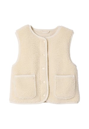 Cremfarbener Fleece-Weste mit weicher Textur, vorne mit Druckknöpfen, zwei vorderen Taschen und rundem Halsausschnitt.