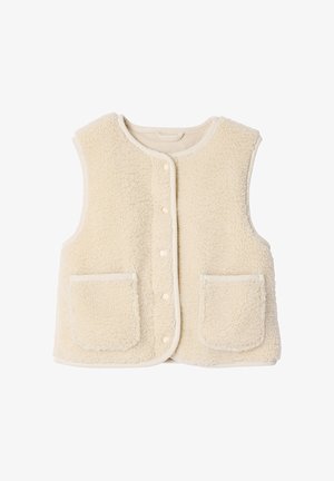 Cream-colored fleece vest with a soft texture, featuring a snap button front, two front pockets, and a round neckline.
