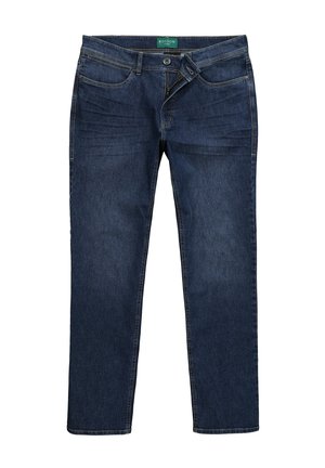 Tummansiniset farkut suoran lahkeen leikkauksella, perinteinen viisi taskua -muotoilu ja vetoketjukiinnitys. Hienovaraiset kulutukset ja ompelutiedot.