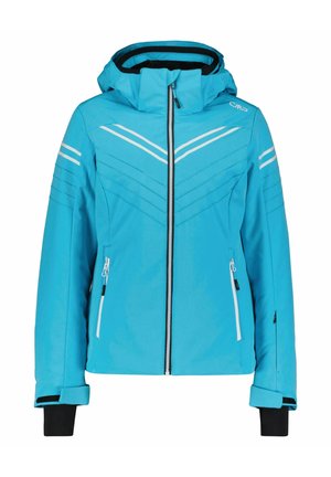 Kirkkaan sininen hupullinen talvitakki etuvetoketjulla, kahdella vetoketjullisella taskulla, heijastavilla raidoilla rinnassa ja hihoissa sekä mustilla sisäkämmensyillä.