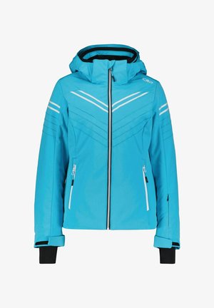 Veste d'hiver bleue vive à capuche avec fermeture éclair avant, deux poches zippées, bandes réfléchissantes sur la poitrine et les manches, et poignets intérieurs noirs.