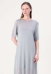 Robe gris clair à manches courtes avec un col rond. Fabriquée en tissu doux et transparent, elle présente une coupe décontractée et arrive à mi-mollet.