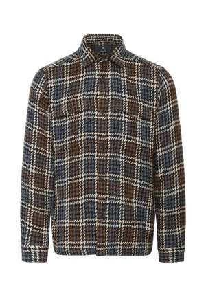 Karirana srajca v rjavi, mornarsko modri in beli barvi; izdelana iz teksturirane tkanine z ovratnikom in sprednjimi gumbi; dve žepoma na prsih.