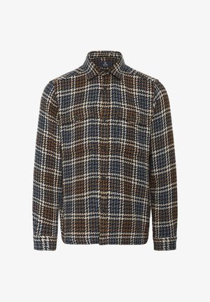 Geruite overhemd met bruin, marineblauw en witte kleuren; gemaakt van gestructureerde stof met een kraag en voorknopsluiting; twee borstzakken.