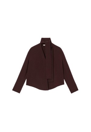 Veste marron à manches longues avec un col et un détail de cravate au cou. Tissu lisse avec une coupe légèrement structurée, conception à l'avant ouvert.
