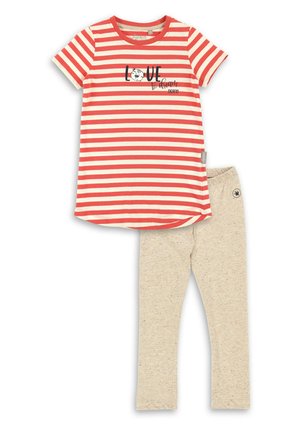 Striped red and cream short-sleeve T-shirt with "Love to Dream" print; paired with beige leggings featuring a speckled texture.