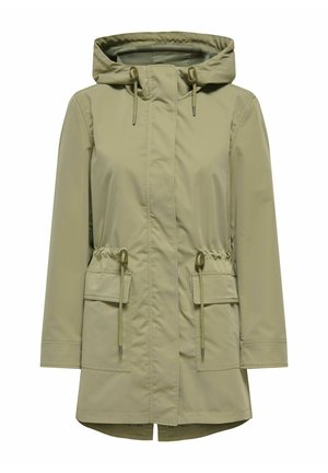Svetlo kaki parka jakna z ruto, z zategovalnim trakom v pasu, sprednjimi žepi in gladkim sintetičnim materialom. Ima minimalističen dizajn in raven kroj.