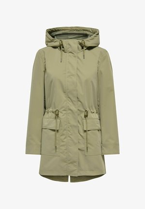 Hellkhakifarbene Parka-Jacke mit Kapuze, Taillenriegel, Vorderseiten-Taschen und glattem, synthetischem Stoff. Hat ein minimalistisches Design und einen geraden Schnitt.