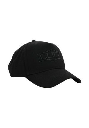 Cappellino da baseball nero con visiera curva e ricamo in rilievo del logo "CULT" sul pannello anteriore.