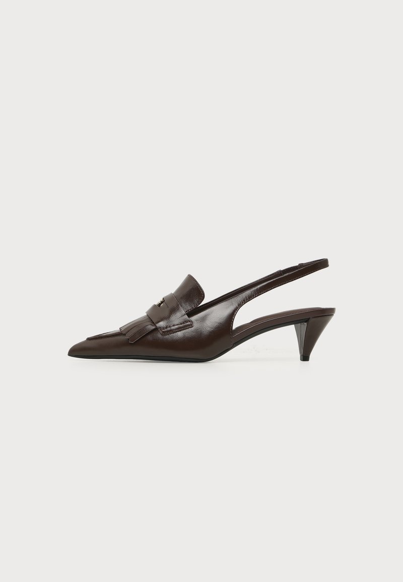 Σκούρο καφέ δερμάτινο παπούτσι slingback με μυτερή μύτη, διακοσμητικές φούντες και χαμηλό τακούνι kitten σε λευκό φόντο.