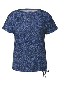 Blauw en donker marineblauw T-shirt met korte mouwen, bladerenpatroon, ronde halslijn en verstelbare zijstrikdetails. Gemaakt van lichtgewicht stof.