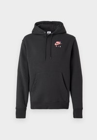 Hoodie preto da Nike Air com bolso frontal, capuz ajustável e logótipo rosa no peito, exibido em fundo branco liso.