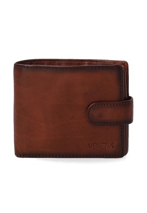 Brown leather wallet with a smooth texture, rectangular shape, and a snap closure. Features embossed logo "VENEZIA" on the front.