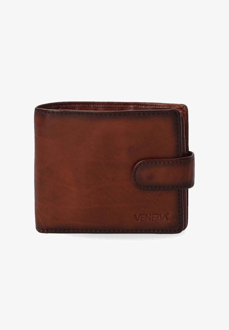 Brązowy skórzany portfel o gładkiej teksturze, prostokątnym kształcie i zapięciu na zatrzask. Posiada wytłoczone logo "VENEZIA" z przodu.