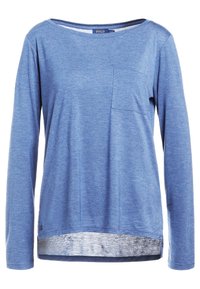 Blauwe langwerpige shirt met lange mouwen, een ronde halslijn en een klein borstzakje, met een iets langere achterzoom.