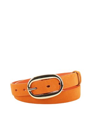 Orange leather belt coiled, featuring a polished oval silver buckle with multiple adjustment holes.