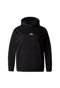 Sweat à capuche noir en tissu mélangé de coton, avec une poche avant, un cordon de serrage à la capuche et un petit logo blanc sur la poitrine.