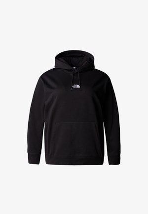 Black hoodie made of cotton blend fabric, featuring a front pocket, drawstring hood, and small white logo on the chest.