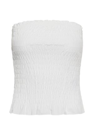 Weißes trägerloses Oberteil mit gerafftem, elastischem Stoff und einem leichten Rüschenabschluss am Saum, entworfen für eine eng anliegende, dehnbare Silhouette.