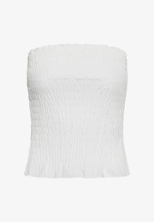 Biely top bez ramienok s nariasenou elastickou látkou a jemným volánikom na leme, navrhnutý pre priliehavý, pružný strih.