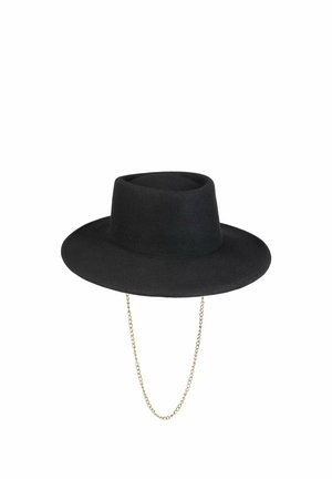 Black wide-brimmed hat with a flat crown, featuring a thin gold chain attached on both sides hanging below the brim.