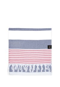 Cotton towel featuring alternating stripes in light blue, white, and red, with fringed edge and a black tag on the side.
