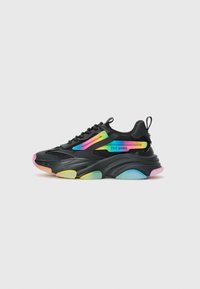 Black athletic sneakers featuring a mesh upper, colorful accents in pink, blue, and green, with a chunky sole and a pull tab at the heel.