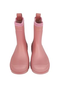 Botte en caoutchouc rose à la finition lisse, avec des accents ronds à l'arrière et une semelle texturée pour une meilleure adhérence. Design étanche.