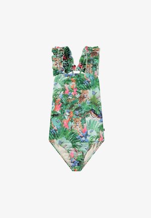 Μονοκόμματο μαγιό με ραμμένα μανίκια στους ώμους, παρουσιάζοντας ένα ζωντανό τυπικό τζούνγκα με πράσινα φύλλα, ροζ λουλούδια και κρυμμένους λεοπαρδάλεις.