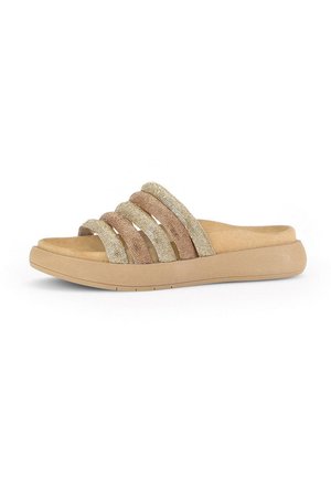 Slide sandal with beige and gold textile straps and a cushioned tan sole. Features wide bands with a textured finish.