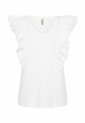 Biely bavlnený tričko s výstrihom do V a volánovými rukávmi s vyšívanými detailmi. Jednoduchá, hladká textúra s voľným strihom.